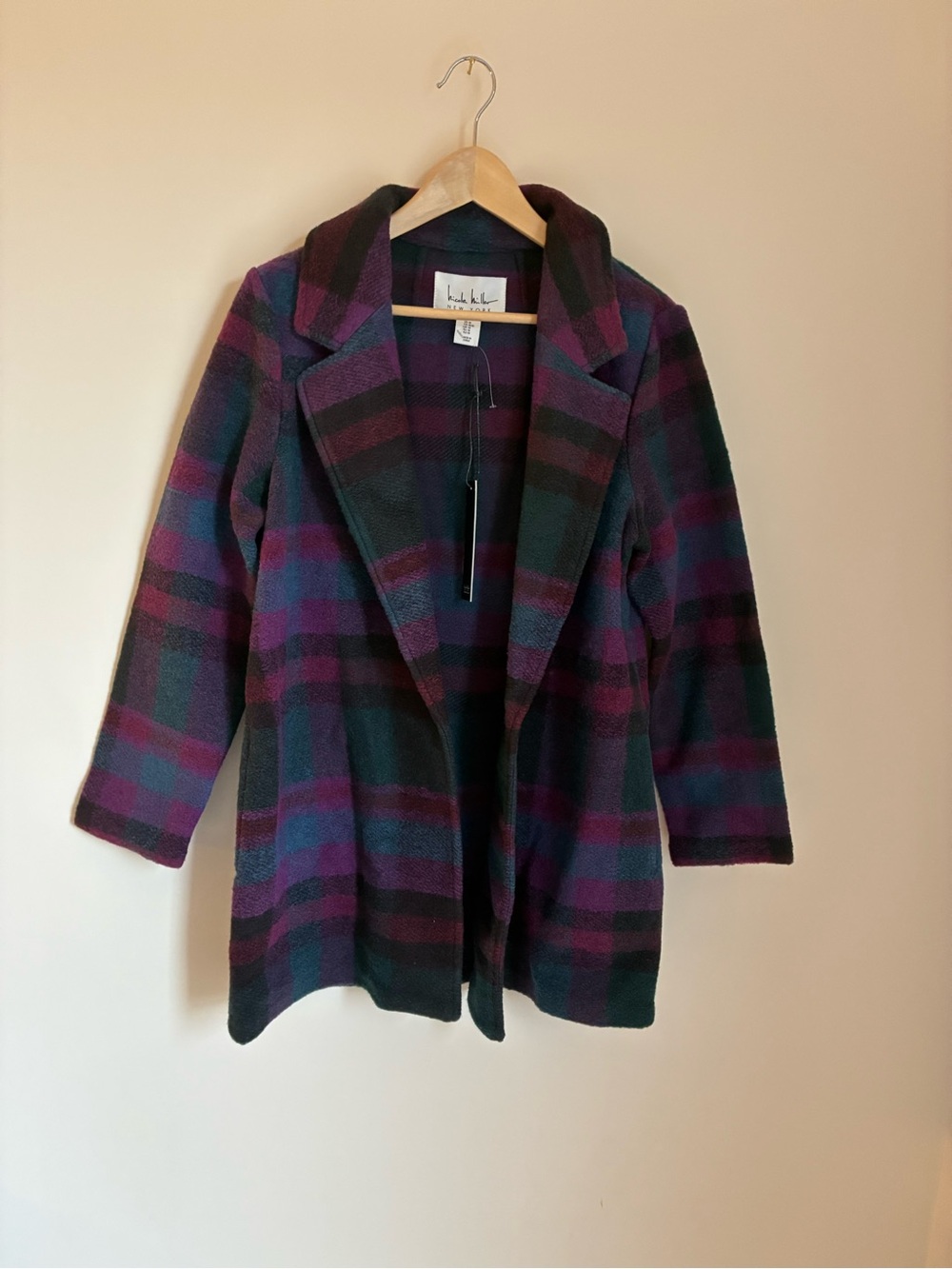 NWT Nicole Miller Plaid Open-Front Coatigan in Purple & Teal Coat